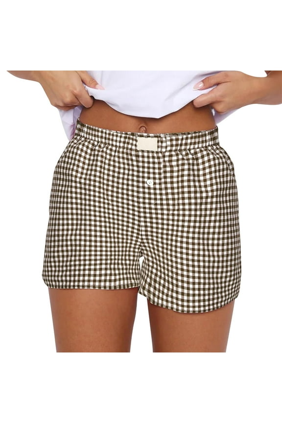 Clothing Jiyugala Under $5 Womens Boxer Shorts Casual Summer Cotton Pajama Lounge Sleep Pj Gingham Plaid Shorts Y2K Beach Bottoms US Size 12