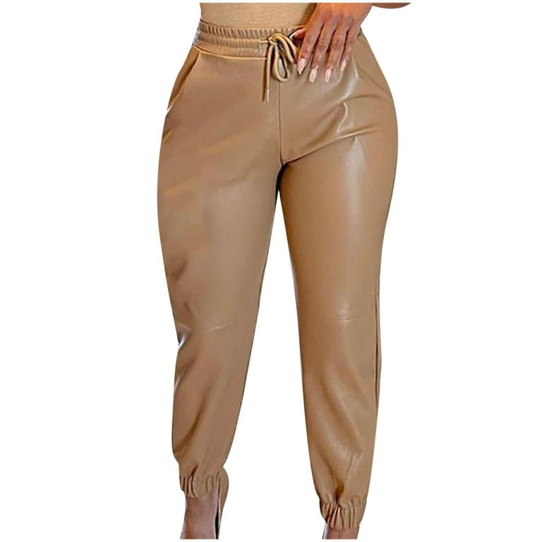 Clearance Jogger Pants Fashion Women Solid Pockets Drawstring Casual Mid  Waist Leather Long Pants Khaki S 