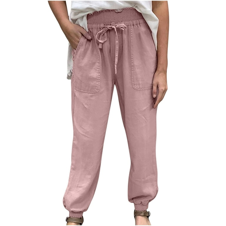 Clearance Jogger Pants Women's Fashion Solid Color Summer Casual Loose Tie  Feet Tight Trousers Pants Pink XXL