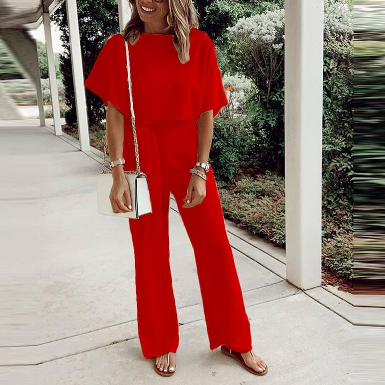 Red short sales sleeve jumpsuit