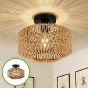 Clearance! KUKIDS Boho Ceiling Light, Vintage Rattan Semi Flush Mount Ceiling Light Fixture, Hand Woven Chandelier for Hallway, Bedroom, Kitchen, Living Room, Entryway(1PCS)