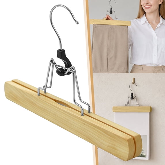 Clearance Khaki Solid Wood Pants Hanger with Clips - Non-Slip Trouser Clamp Hanger for Skirts and Pants