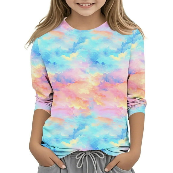 Kids Clothes Girls T Shirts for Teens Girls Trendy Crew Neck Tshirt 3/4 Length Sleeve Girls Tops Gradient Shirt Blouse for Girl