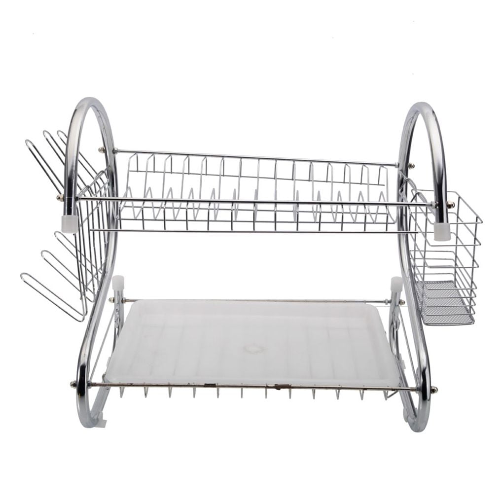 Silver Stainless Steel 2-Tier Dish Drying Rack with Utensil Holder