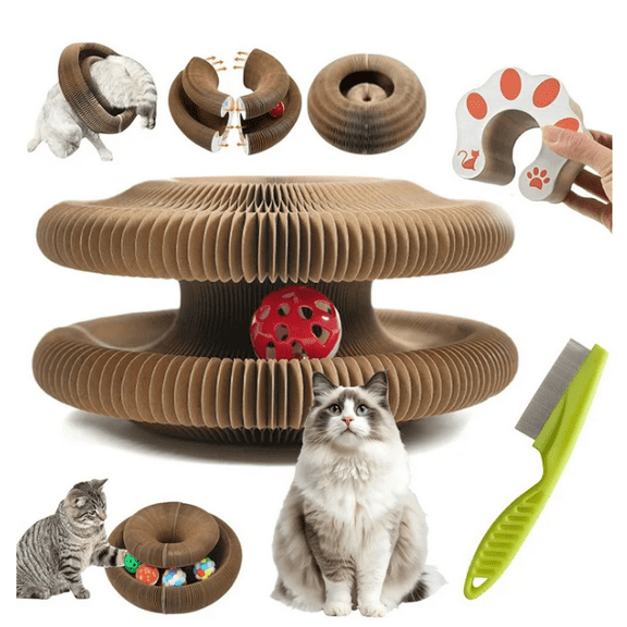 Clearance Kittyy Kurlz Magic Organ Cat Toy, Foldable Infinity Style Cat Scratching Board Toy by Recycled Cardboard, Durable Interactive Accordion Toys with a Ball for Indoor Cats