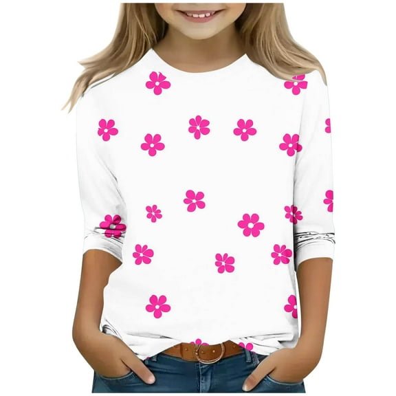 !KkSLirnhs 130 Girls Shirts Size 7-8 Children's Casual Printed Pattern Quarter Sleeve Round Neck Top 0