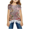 thumbnail image 1 of !KkSLirnhs 8 Years Girls Tops 14-16 Girls Shirt CrewNeck Layered Print Short Sleeve Cute Kids Blouse Lace Tee Top 0, 1 of 4
