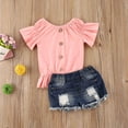 thumbnail image 1 of !KkSLirnhs 90 Girls Shirts Size 8 Summer Girl one-shoulder Top +hot Pants Shorts Two-piece Suit Pink, 1 of 9