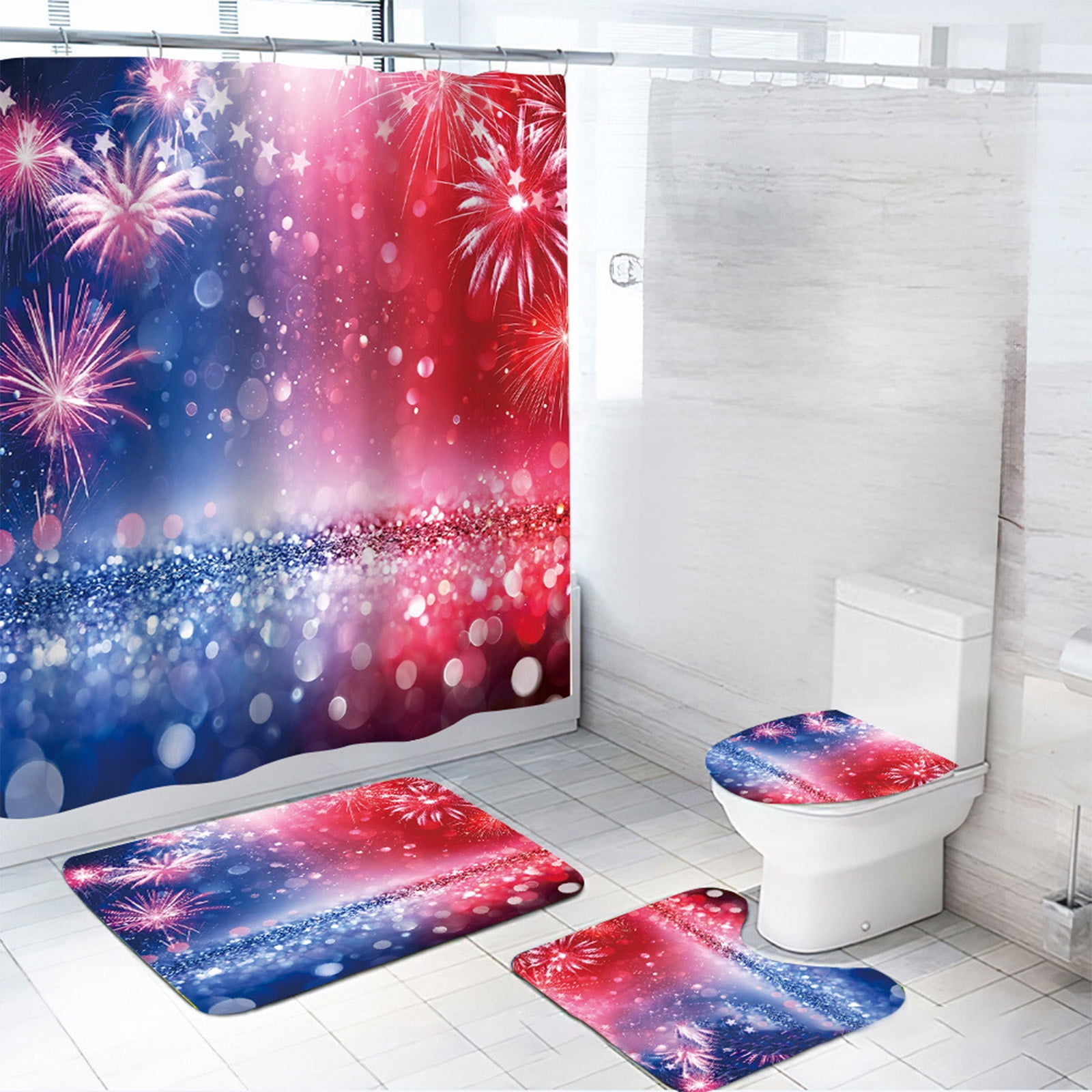Clearance Konghyp 4PCS Independence Day Shower Curtain Set Patriotic