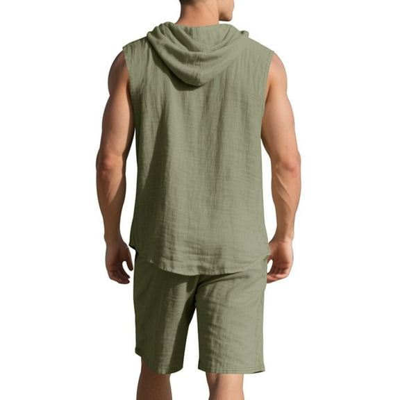 Clearance! Kopltyrfg Mens 2 Piece Summer Cotton Linen Hooded Sleeveless Vest, Solid Color Loose Casual Button Sports Beach T Shirt Shorts Army Green S