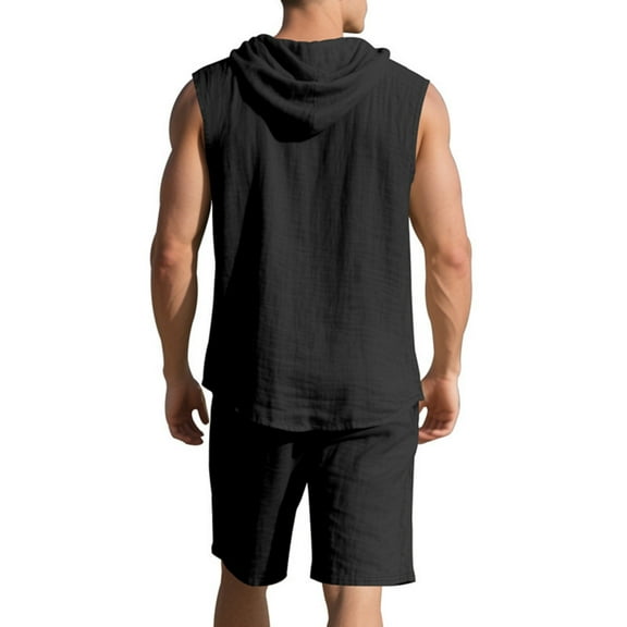 Clearance! Kopltyrfg Mens 2 Piece Summer Cotton Linen Hooded Sleeveless Vest, Solid Color Loose Casual Button Sports Beach T Shirt Shorts Black XL