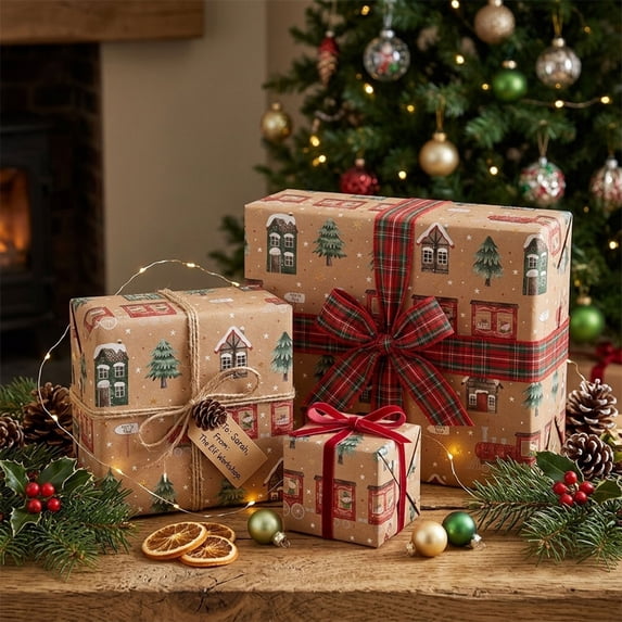 Clearance! Kraft Christmas Wrapping Paper, Vintage Train & Village, 17" x 118" Roll