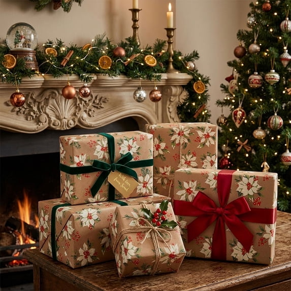 Clearance! Kraft Christmas Wrapping Paper, White Poinsettia & Berry, 17" x 118" Roll