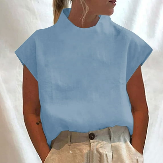 LADIGASU Ladies' Spring And Summer Casual Solid Color Top Casual High Neck Linen Breathable T-shirt
