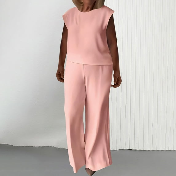 LADIGASU Women Summer Loose Casual Solid Color Fashionable Sleeveless Round-Neck Blouse Shorts Set