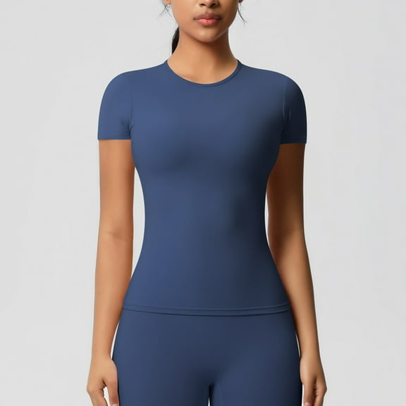 LADIGASU Women's Casual Fashion Solid Color Sports Yoga Drying Short Sleeve Round-Neck Blouses