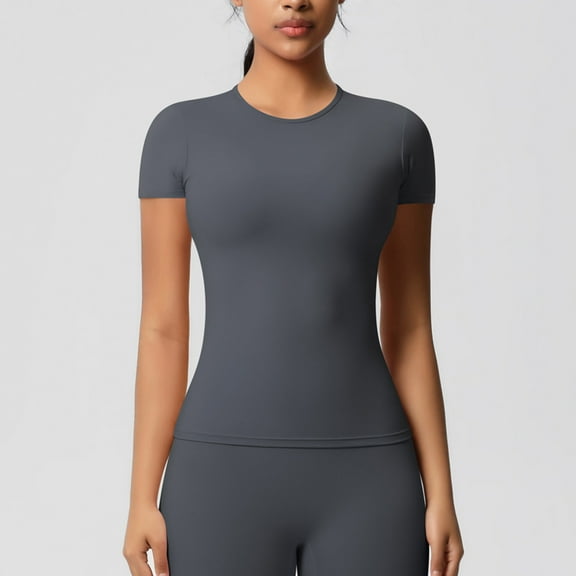 LADIGASU Women's Casual Fashion Solid Color Sports Yoga Drying Short Sleeve Round-Neck Blouses