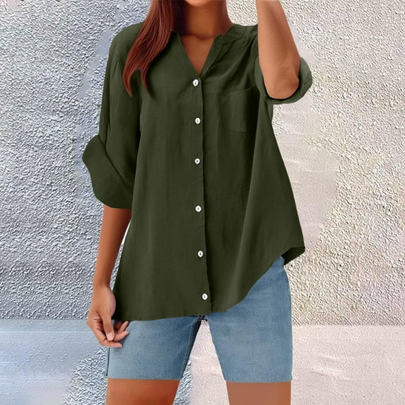 LADIGASU Women's Cotton And Linen Shirt Solid Color 3/4 Sleeve Top Oversized T-shirt Casual V-neck Shirt