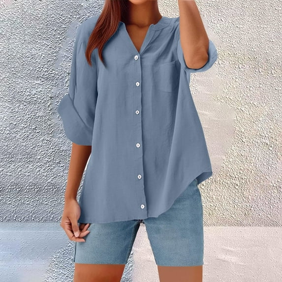 LADIGASU Women's Cotton And Linen Shirt Solid Color 3/4 Sleeve Top Oversized T-shirt Casual V-neck Shirt
