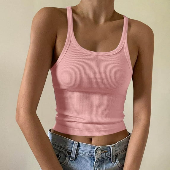 LADIGASU Women's Fashionable And Sexy Camisole Round Neck Solid Color Fitted Top