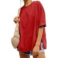 thumbnail image 1 of LADIGASU Women's Loose Casual Solid Color Round Neck Back With Patch Short Sleeved Top, 1 of 9