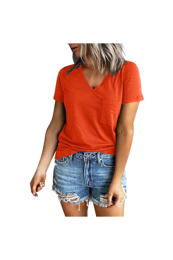 Women's V-neck Raglan Shoulder Split Short-Sleeved Solid Color Top Casual T-shirts Fashion Blouses