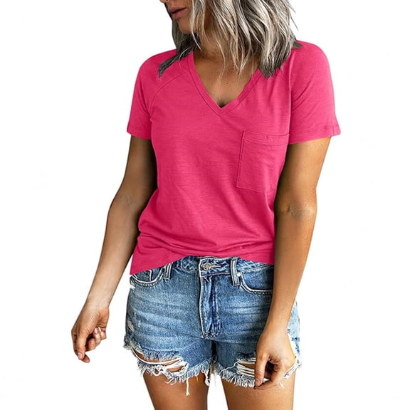 LADIGASU Women's V-neck Raglan Shoulder Split Short-Sleeved Solid Color Top Casual T-shirts Fashion Blouses