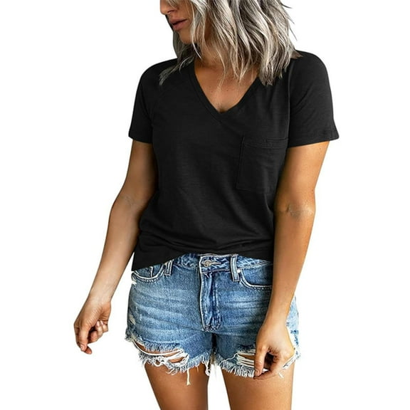 LADIGASU Women's V-neck Raglan Shoulder Split Short-Sleeved Solid Color Top Casual T-shirts Fashion Blouses