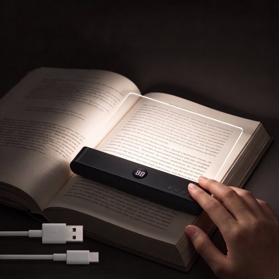 Clearance! LED Book Light for Reading in Bed, Type C Rechargeable, Zero Page Glare, Flat Acrylic Page Reading Lamp with Display, Black