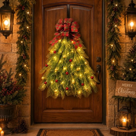 Clearance! LED Illuminated Christmas Tree Wreath with Lights for Front Door Wall Hanging Decorations