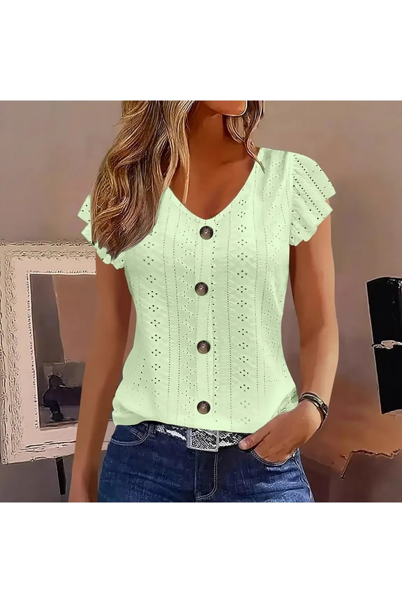 Short Sleeve Shirts for Women Eyelet Embroidery V Neck T Shirt Womens Button Decor Short Sleeve Shirts Solid Color Summer Flowy Casual Blouse Tunic Tops 2025 Dressy