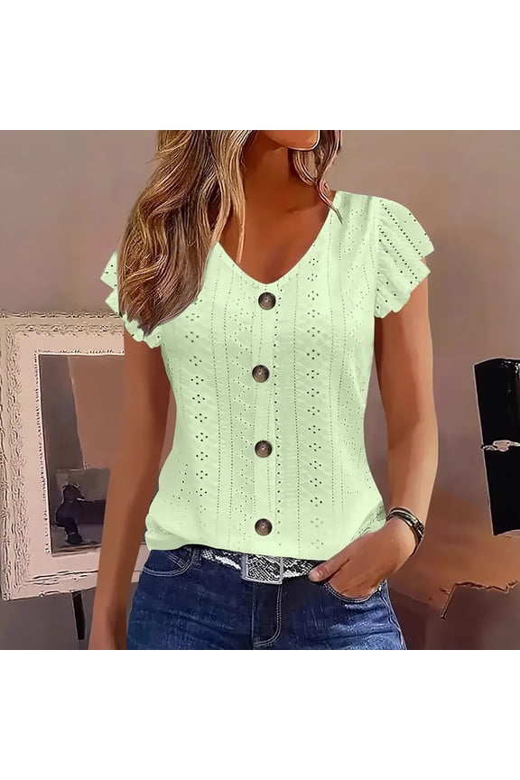 Women's Casual Shirt Eyelet Embroidery V Neck T Shirt Womens Button Decor Short Sleeve Shirts Solid Color Summer Flowy Casual Blouse Casual Business Blouses
