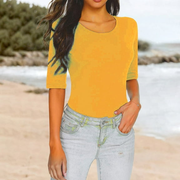 LIZUOJUNF Women's Casual Shirt Women Tops Slim Fit Half Sleeve Shirts Crew Neck Going Out Basic Tees Solid Color Y2K Clothes 2025 Summer Top Tunic Tops 2025 Dressy