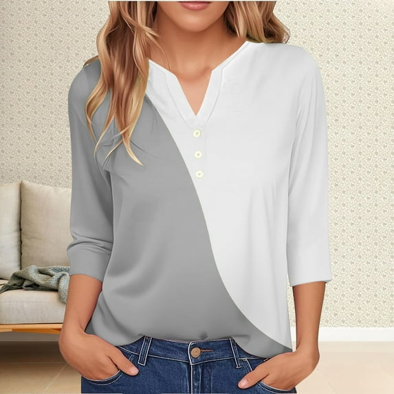 LIZUOJUNF Women's Casual Shirt Women's Fashion Casual Solid Color Button Three Quarter Sleeve Top T Shirt Cute Trendy Blouses