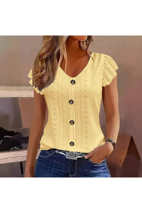 Womens Summer Tops Eyelet Embroidery V Neck T Shirt Womens Button Decor Short Sleeve Shirts Solid Color Summer Flowy Casual Blouse Summer Casual Tee Tops
