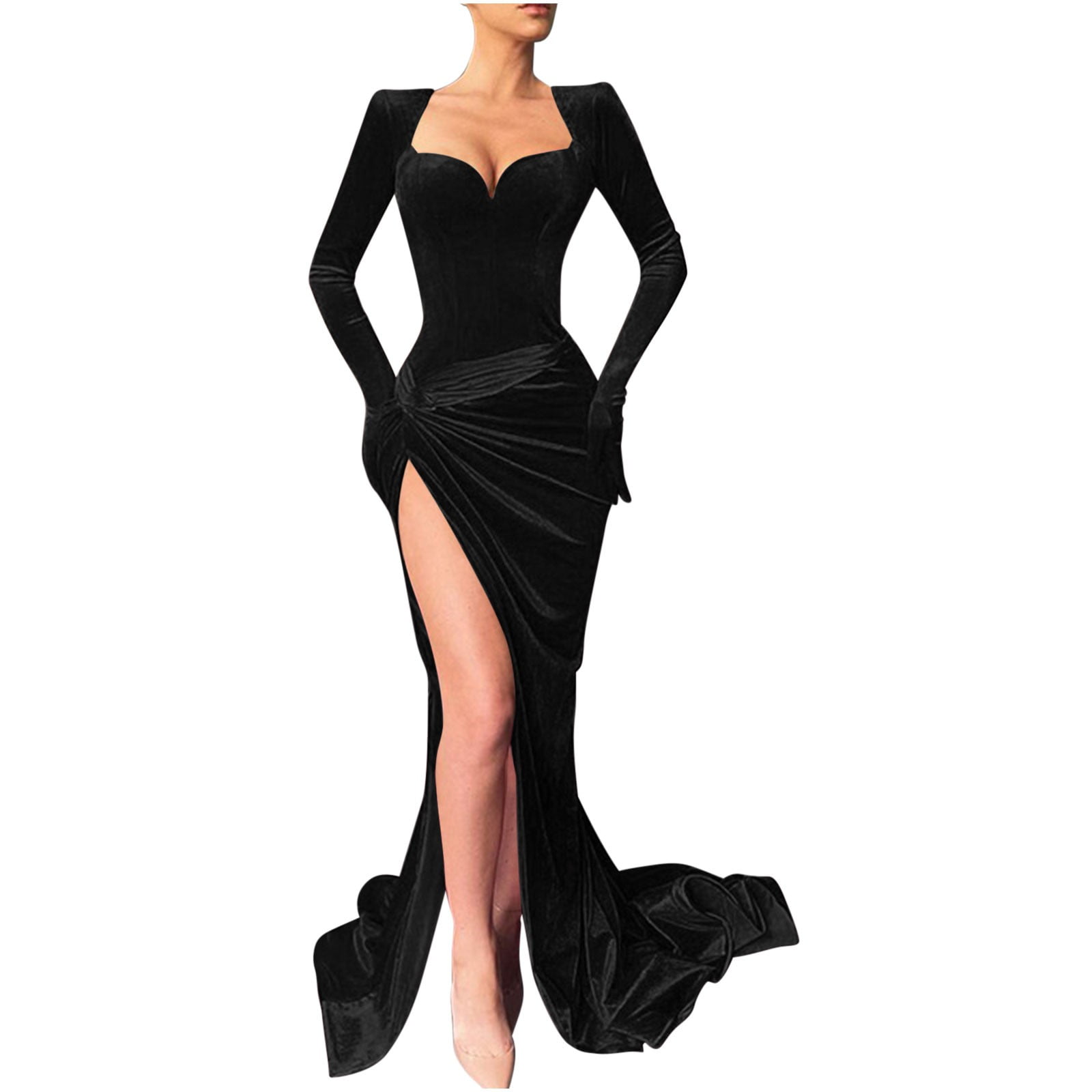 Valentine's Day Dress Red Evening Formal Party V Neck Long Sleeve High Slit Bodycon Prom Party Velvet Maxi Dress(Red/S)