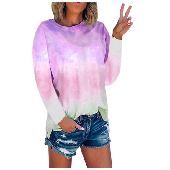 LYXSSBYX Long Sleeve Shirts for Women Women Casual Tie-Dye Printed Long Sleeve Round Neck T-Shirt Blouse Geometry Printed Shirts