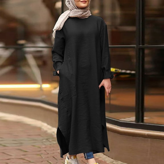 LYXSSBYX Maxi Dresses for Women Long Sleeve Women's Fashion Round Neck Loose Pockets Long Sleeve Solid MId-Calf Long Dress