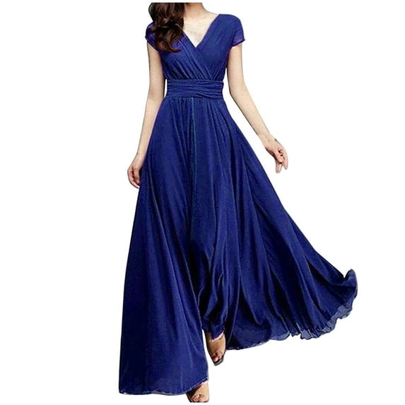 LYXSSBYX Plus Size Womens Dresses Women's V-Neck Solid Color Short Sleeve Chiffon Waist Closing Evening Dress