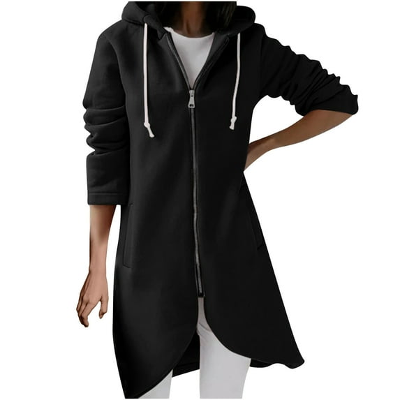 LYXSSBYX Plus Size Womens Shackets Women's Solid Color Hoodie Zipper Long Sleeve Sweatshirts Irregular Hem Long Coat Tops With Pockets