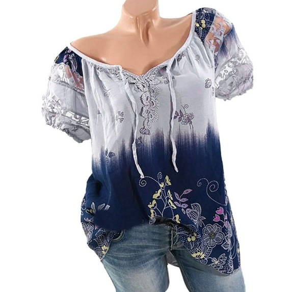 LYXSSBYX Plus Size Womens Tops Short Sleeve Women Short Sleeve V-Neck Lace Printed Lace Tops Loose T-Shirt Blouse Tops