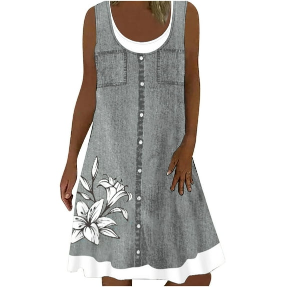 LYXSSBYX Sleeveless Plus Womens Dresses ClearanceWomens Summer Dresses Print Sleeveless Round Neck Dress Fake Two-Piece Dresses