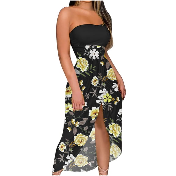 LYXSSBYX Summer Dresses for Women Women's Summer Print Strapless Long Dress Beach Split Dress Party Club Dress