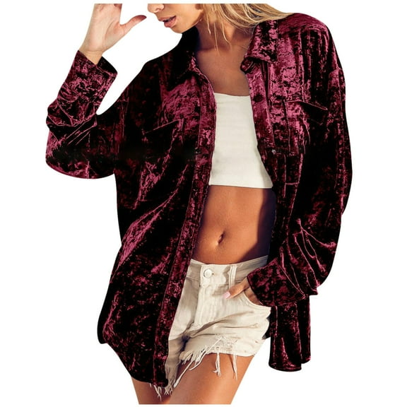 LYXSSBYX Winter Coats for Women and Winter Coat Long Sleeved Lapel Solid Color Pocket Gold Velvet Loose Shirt