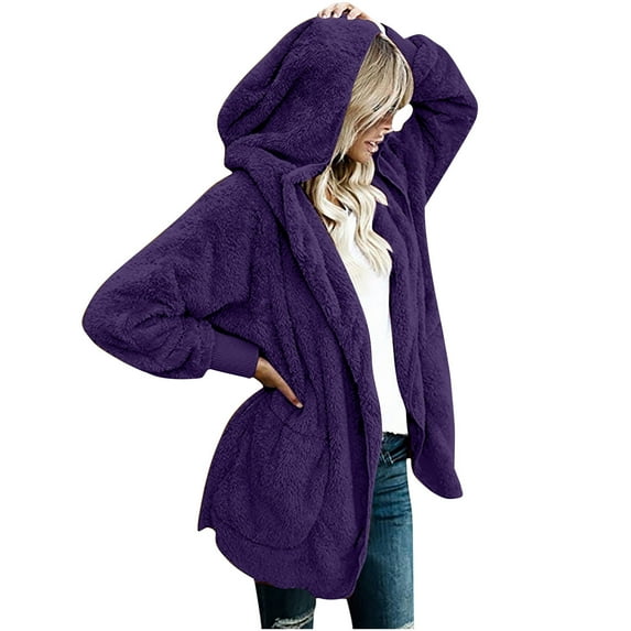 Clearance LYXSSBYX Winter Coats for Women Plus Size Hood Women's Solid Color Casual Plush Cardigan Long Sleeve Pockets Blouse Coat Tops