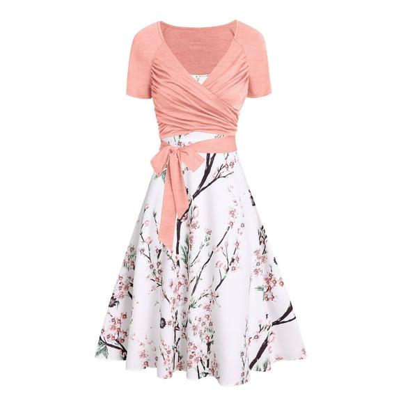 LYXSSBYX Womens 2 Piece Outfits for Summer Womens Fashion Summer V-Neck Short Sleeve Floral Print Vacation Zipper Dress Sets