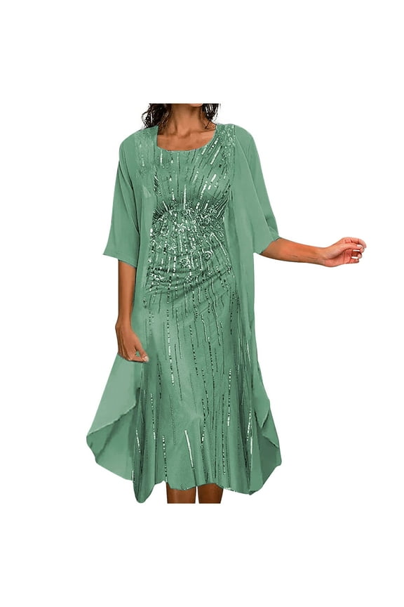 Womens 2PC Dress and Jacket Women's Summer Temperament Gentle Print Half Sleeve Round Neck Chiffon Dress Set