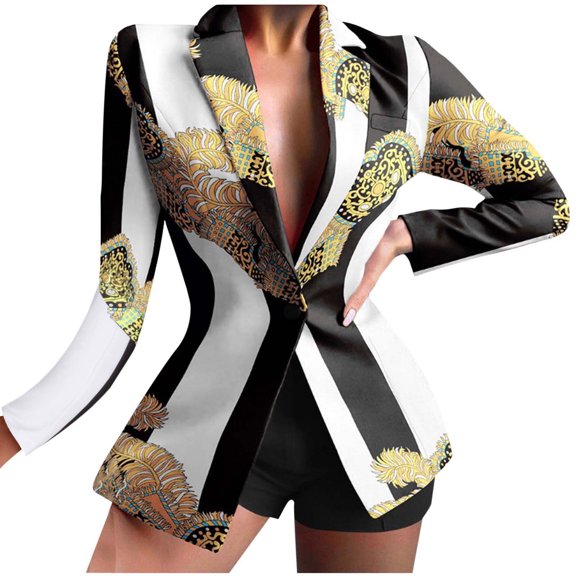 LYXSSBYX Womens Blazer Jacket with Shorts Two-Piece Women's Printed Turndown Collar Shorts and Long Sleeve Tops Set Suits