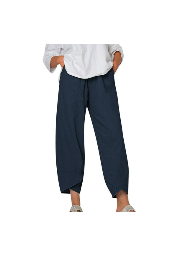 Womens Capri Pants Plus Size Women Casual High Waist Solid Summer Cotton Loose Long Straight Pants