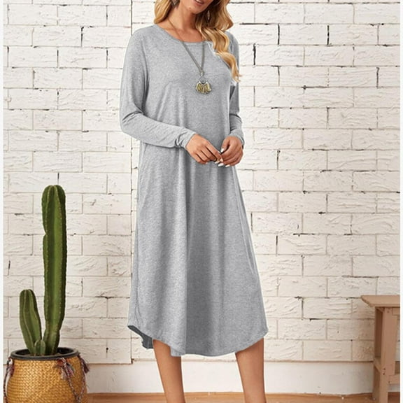 LYXSSBYX Womens Casual Dresses with Sleeves Fashion Women Round Neck Leisure Solid Color Pocket Long Sleeve Dress